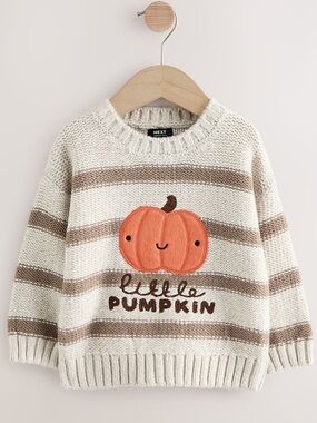 NWT Next Cream & Brown Striped Knit Sweater with Orange Pumpkin